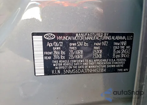 2022 Hyundai Santa Fe Xrt из США, поврежденный, VIN 5NMS6DAJ7NH452184